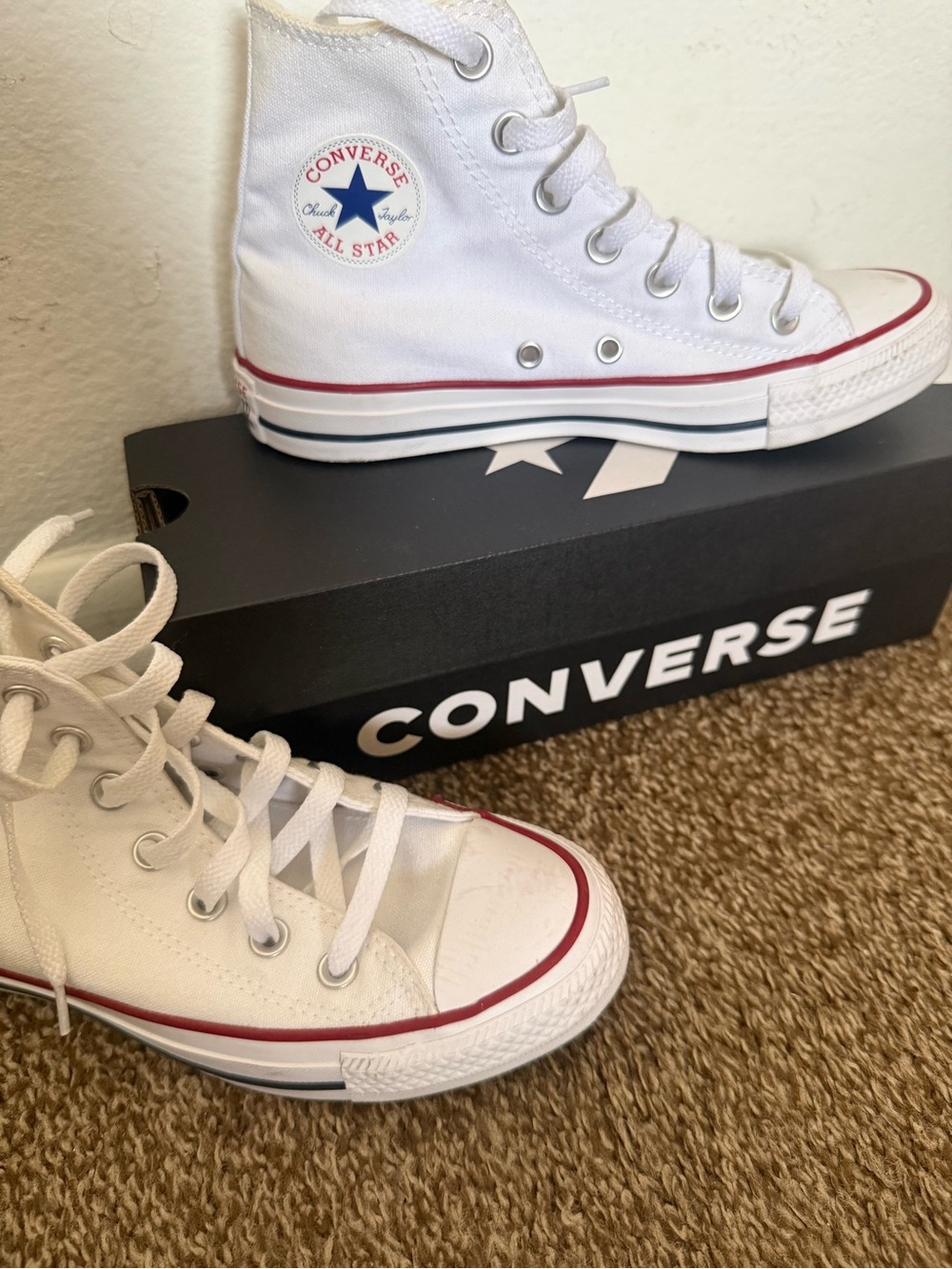 Converse White High Top Sneakers with Red & Navy Trim